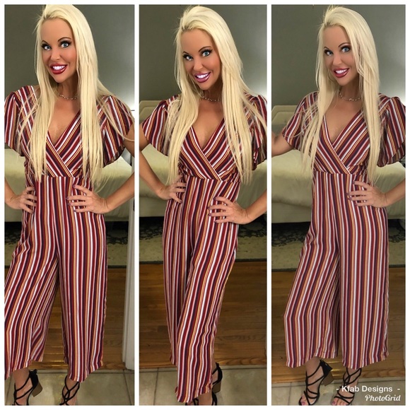 🥰RED Striped Back Tie Cropped Wide Leg Jumpsuit! - Picture 6 of 8
